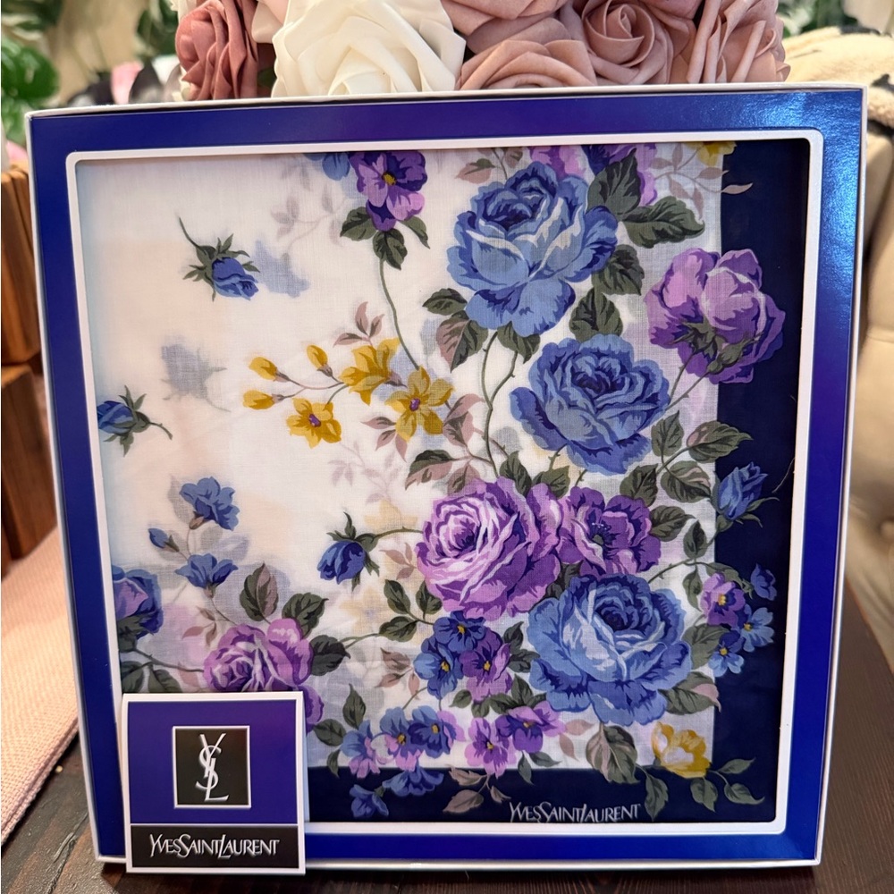 Vintage in Original Box Yves Saint Laurent Blue and Purple Floral Scarf